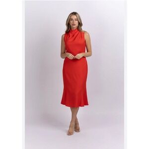 Shoshanna Red Sleeveless Mock Neck Midi Dress Cocktail Party Evening